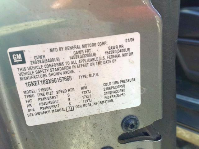 1GKET16SX66157668 - 2006 GMC ENVOY XL GRAY photo 10