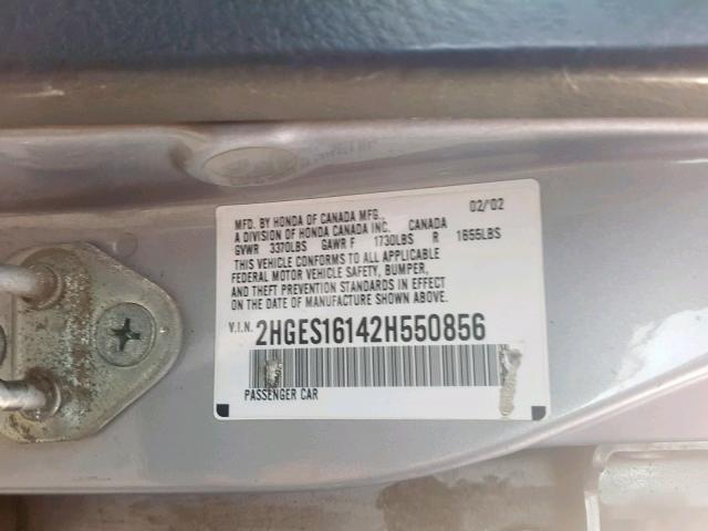 2HGES16142H550856 - 2002 HONDA CIVIC DX SILVER photo 10