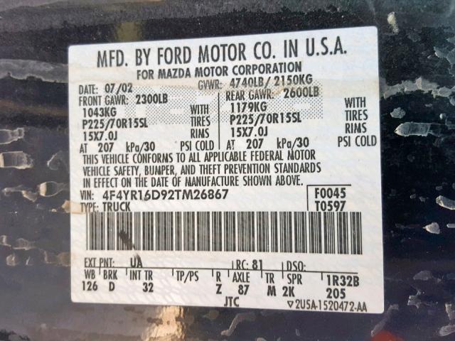 4F4YR16D92TM26867 - 2002 MAZDA B2300 CAB BLACK photo 10