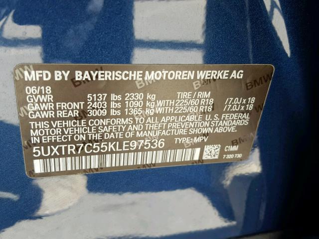 5UXTR7C55KLE97536 - 2019 BMW X3 SDRIVE3 BLUE photo 10