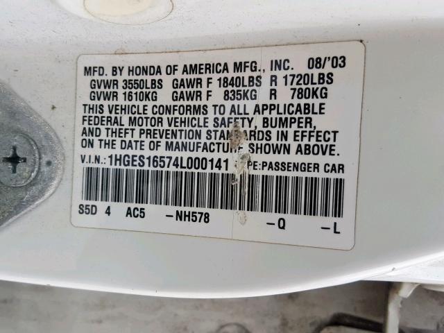 1HGES16574L000141 - 2004 HONDA CIVIC LX WHITE photo 10