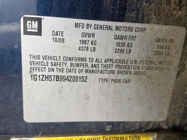 1G1ZH57B994200152 - 2009 CHEVROLET MALIBU 1LT 蓝色 照片 10