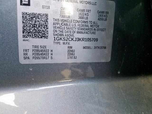 1GKS2CKJ3KR105709 - 2019 GMC YUKON DENA GRAY photo 10