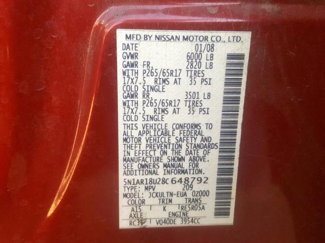 5N1AR18U28C648792 - 2008 NISSAN PATHFINDER S  照片 10