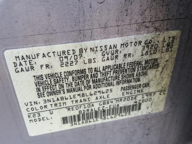 3N1AB61E98L629625 - 2008 NISSAN SENTRA 2.0 SILVER photo 10