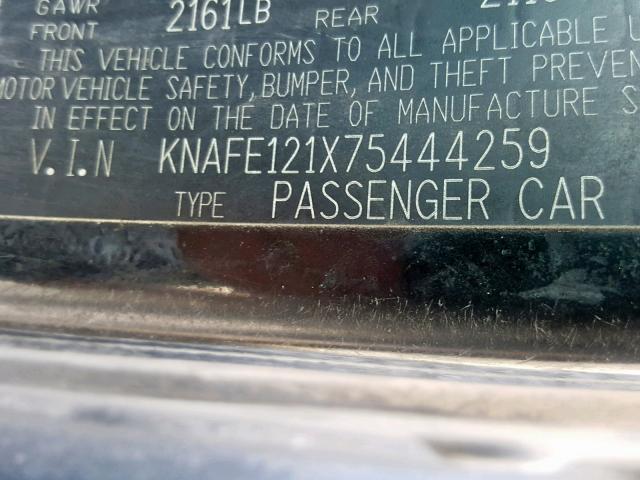 KNAFE121X75444259 - 2007 KIA SPECTRA EX BLACK photo 10