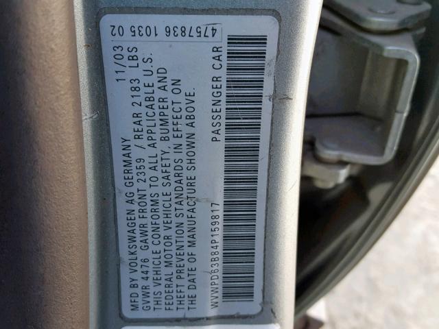 WVWPD63B84P159817 - 2004 VOLKSWAGEN PASSAT GLS GREEN photo 10