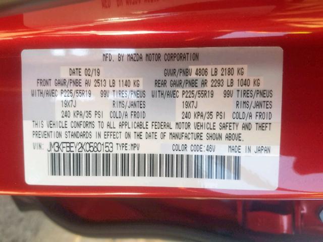 JM3KFBEY2K0580153 - 2019 MAZDA CX-5 SIGNA RED photo 10