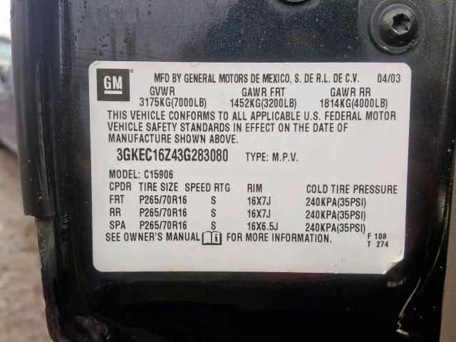 3GKEC16Z43G283080 - 2003 GMC YUKON XL C BLACK photo 10