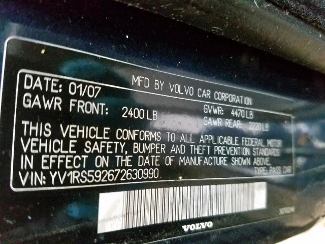 YV1RS592672630990 - 2007 VOLVO S60 2.5T BLUE photo 10