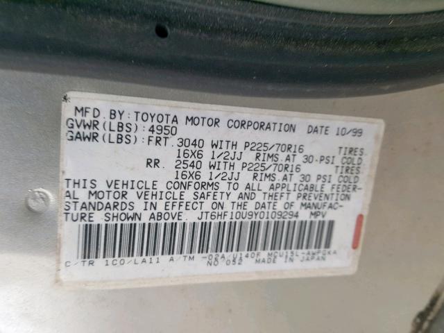 JT6HF10U9Y0109294 - 2000 LEXUS RX 300 SILVER photo 10