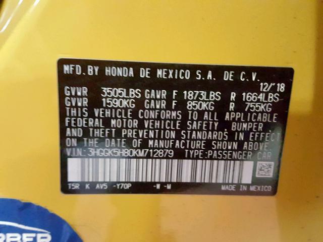 3HGGK5H80KM712879 - 2019 HONDA FIT EX YELLOW photo 10