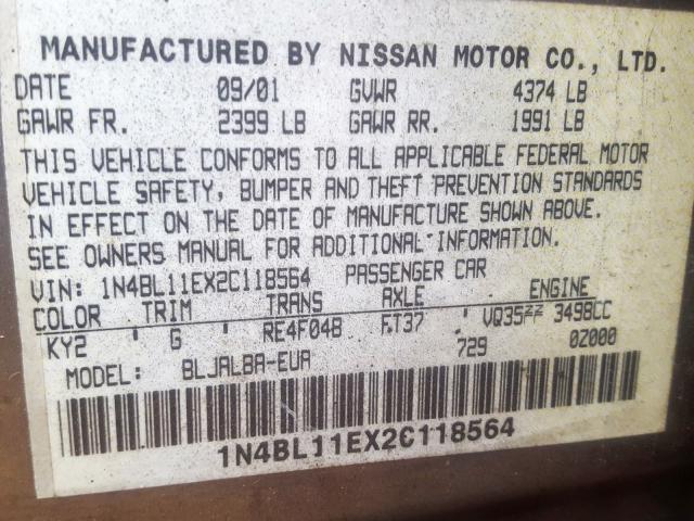 1N4BL11EX2C118564 - 2002 NISSAN ALTIMA SE TAN photo 10