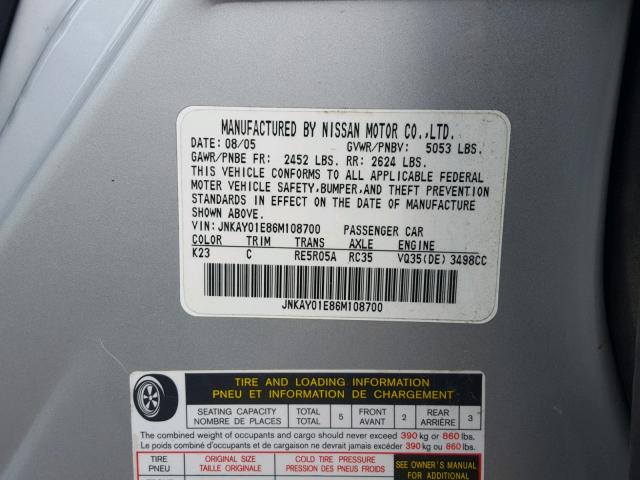 JNKAY01E86M108700 - 2006 INFINITI M35 BASE SILVER photo 10