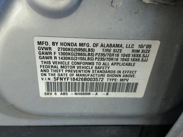 5FNYF18426B003572 - 2006 HONDA PILOT EX SILVER photo 10