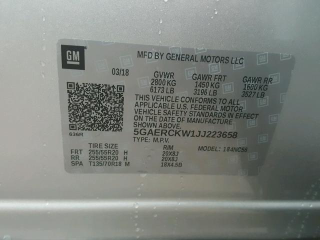 5GAERCKW1JJ223658 - 2018 BUICK ENCLAVE PR SILVER photo 10