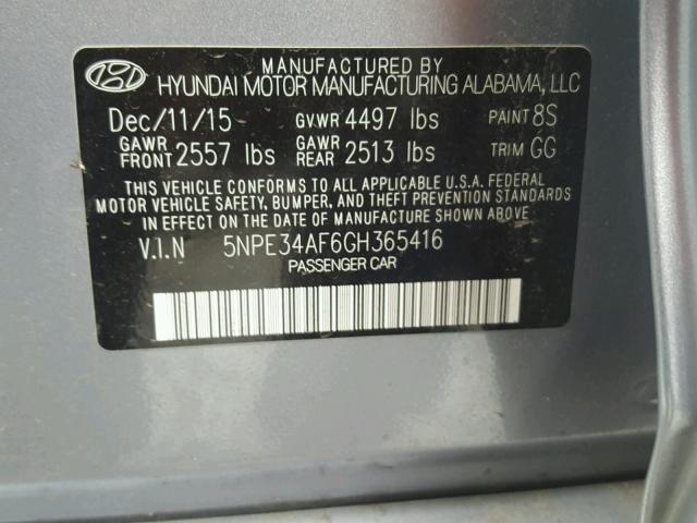 5NPE34AF6GH365416 - 2016 HYUNDAI SONATA SPO SILVER photo 10