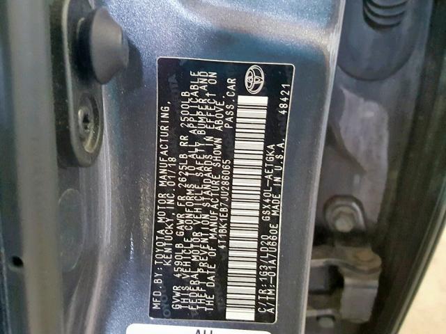 4T1BK1EB7JU286065 - 2018 TOYOTA AVALON XLE GRAY photo 10