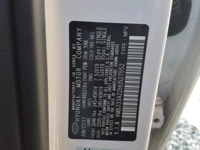 KM8J33A22HU527552 - 2017 HYUNDAI TUCSON LIM WHITE photo 10