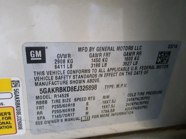 5GAKRBKD8EJ326898 - 2014 BUICK ENCLAVE SILVER photo 10