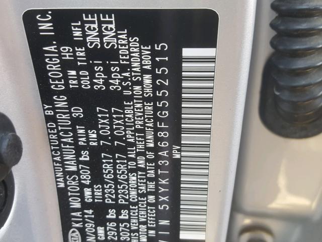 5XYKT3A68FG552515 - 2015 KIA SORENTO LX SILVER photo 10