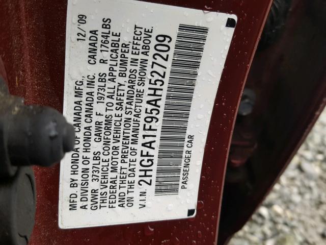 2HGFA1F95AH527209 - 2010 HONDA CIVIC EXL 勃艮第红 照片 10