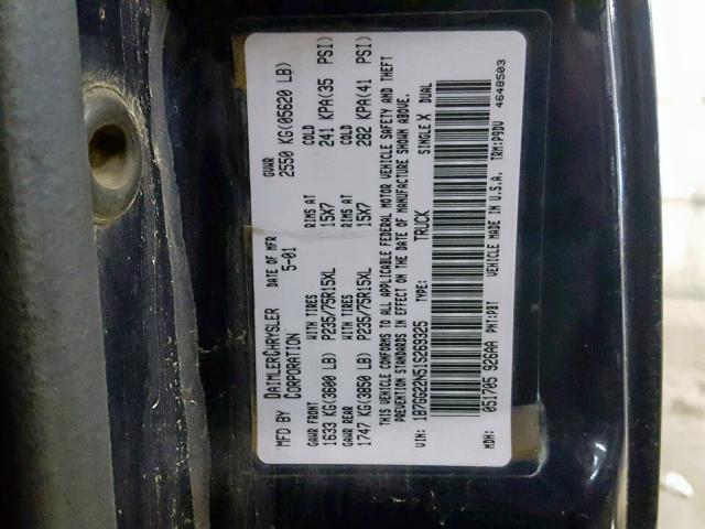 1B7GG22N51S269325 - 2001 DODGE DAKOTA BLUE photo 10