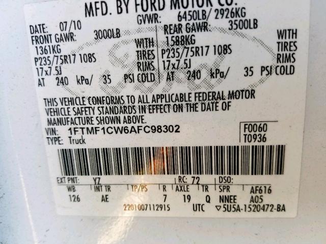 1FTMF1CW6AFC98302 - 2010 FORD F150 WHITE photo 10