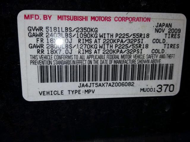 JA4JT5AX7AZ006082 - 2010 MITSUBISHI OUTLANDER BLACK photo 10