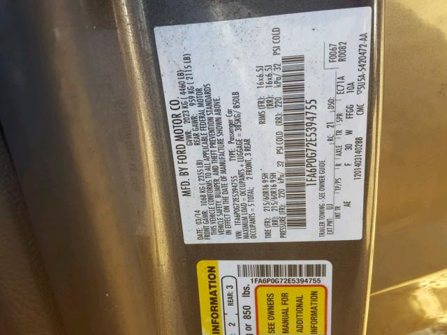 1FA6P0G72E5394755 - 2014 FORD FUSION S GRAY photo 10