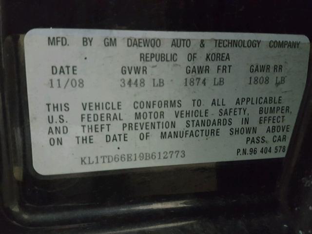 KL1TD66E19B612773 - 2009 CHEVROLET AVEO LS BLACK photo 10