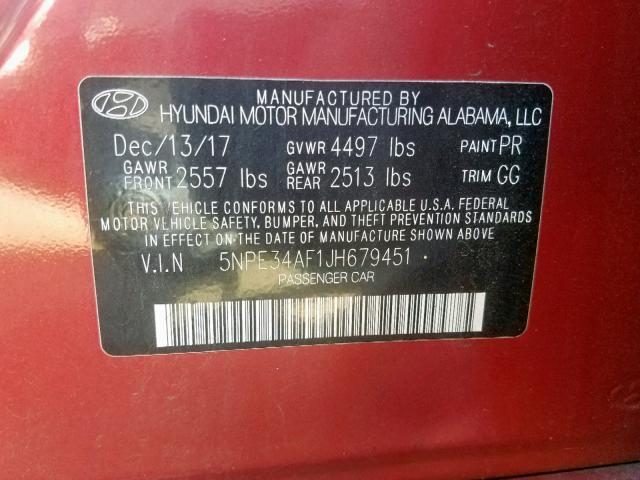 5NPE34AF1JH679451 - 2018 HYUNDAI SONATA SPO RED photo 10