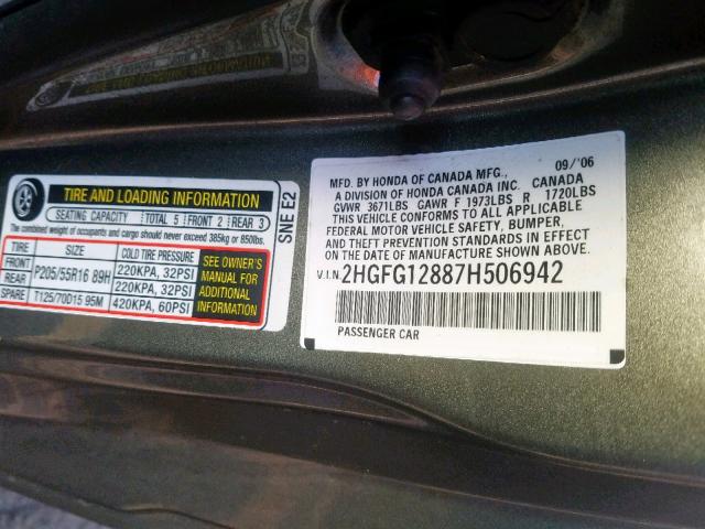 2HGFG12887H506942 - 2007 HONDA CIVIC EX GRAY photo 10