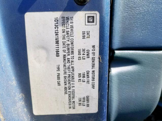 1G1JC1241VM111649 - 1997 CHEVROLET CAVALIER B BLUE photo 10