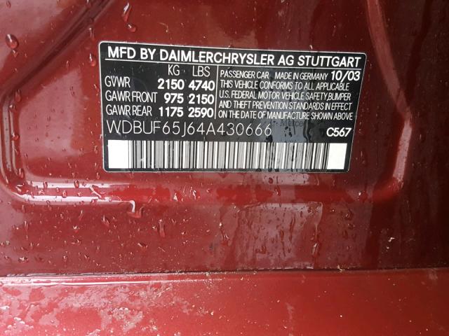 WDBUF65J64A430666 - 2004 MERCEDES-BENZ E 320 BURGUNDY photo 10