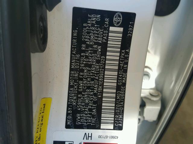 4T1BK1EB9GU217029 - 2016 TOYOTA AVALON XLE SILVER photo 10