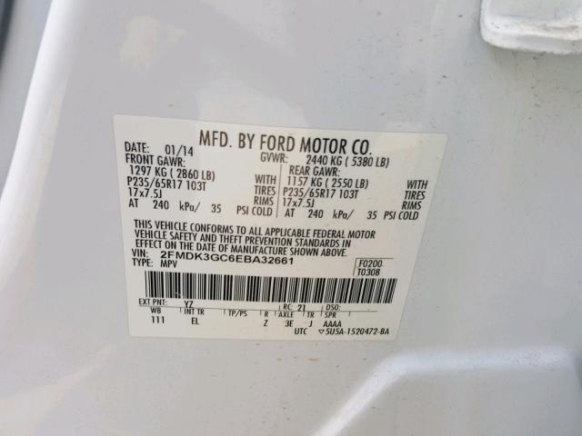 2FMDK3GC6EBA32661 - 2014 FORD EDGE SE WHITE photo 10