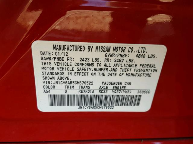 JN1CV6AR5CM679522 - 2012 INFINITI G37 RED photo 10