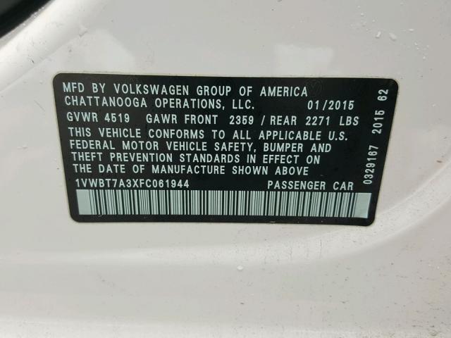 1VWBT7A3XFC061944 - 2015 VOLKSWAGEN PASSAT SE WHITE photo 10