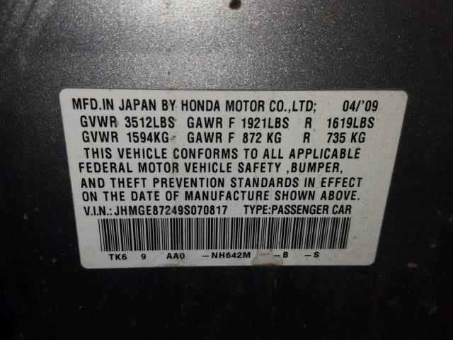 JHMGE87249S070817 - 2009 HONDA FIT SILVER photo 10