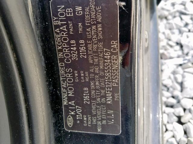 KNAFE121585534467 - 2008 KIA SPECTRA EX BLACK photo 10