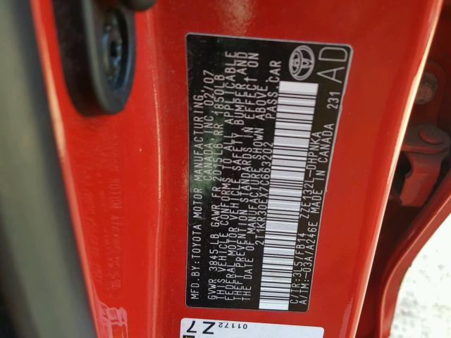 2T1KR30EX7C663202 - 2007 TOYOTA COROLLA MA RED photo 10