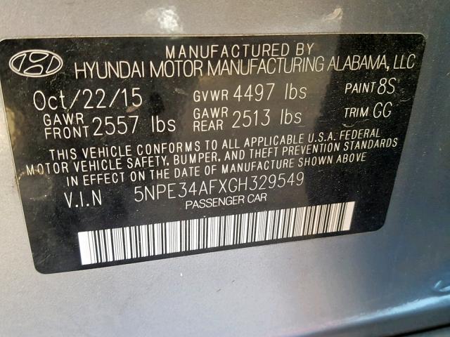 5NPE34AFXGH329549 - 2016 HYUNDAI SONATA SPO GRAY photo 10