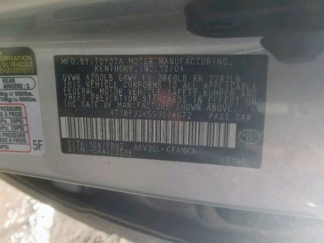 4T1BE32K55U024672 - 2005 TOYOTA CAMRY LE SILVER photo 10