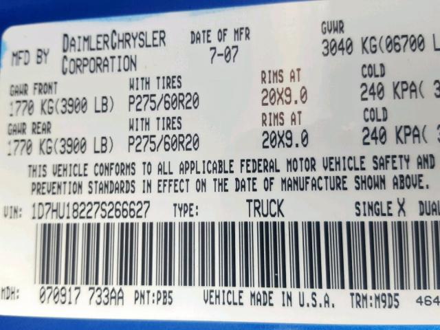 1D7HU18227S266627 - 2007 DODGE RAM 1500 S BLUE photo 10