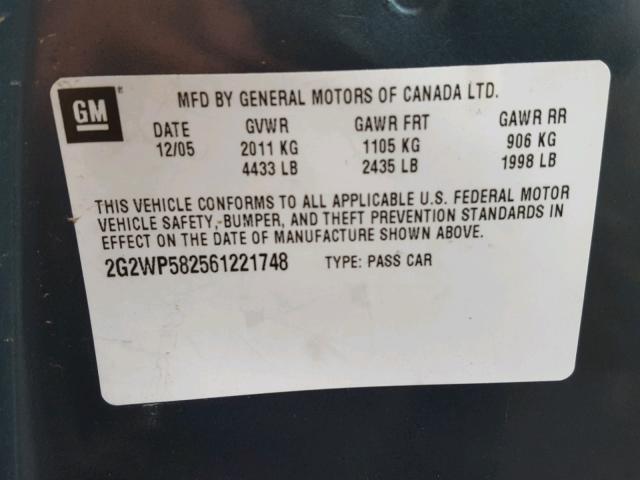 2G2WP582561221748 - 2006 PONTIAC GRAND PRIX BLUE photo 10