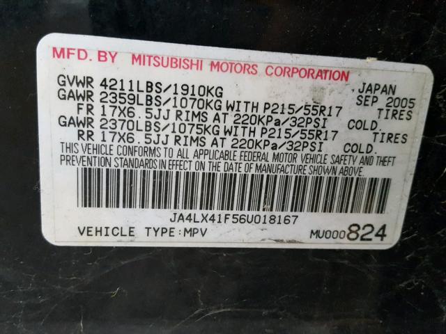 JA4LX41F56U018167 - 2006 MITSUBISHI OUTLANDER BLACK photo 10