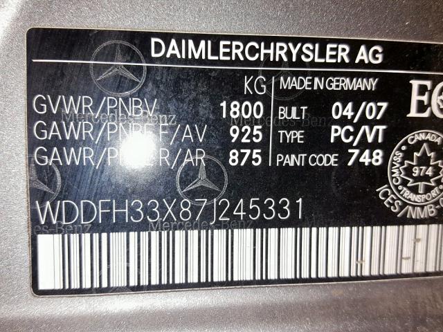 WDDFH33X87J245331 - 2007 MERCEDES-BENZ B200 SILVER photo 10