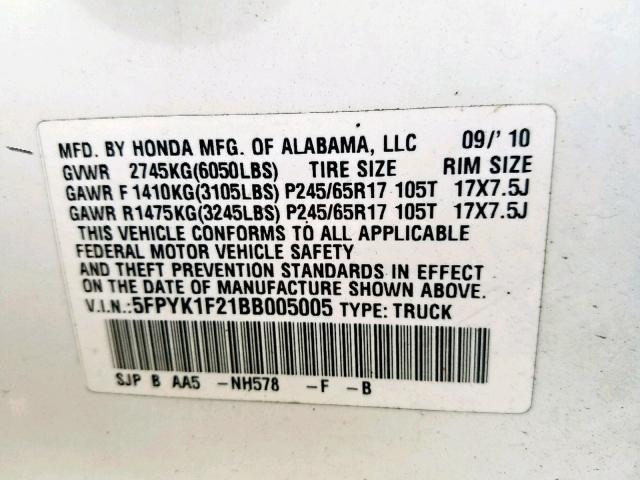 5FPYK1F21BB005005 - 2011 HONDA RIDGELINE WHITE photo 10