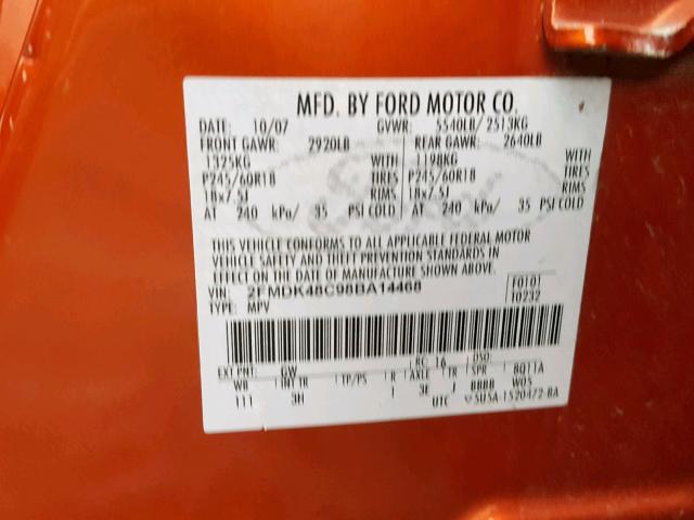 2FMDK48C98BA14468 - 2008 FORD EDGE SEL ORANGE photo 10